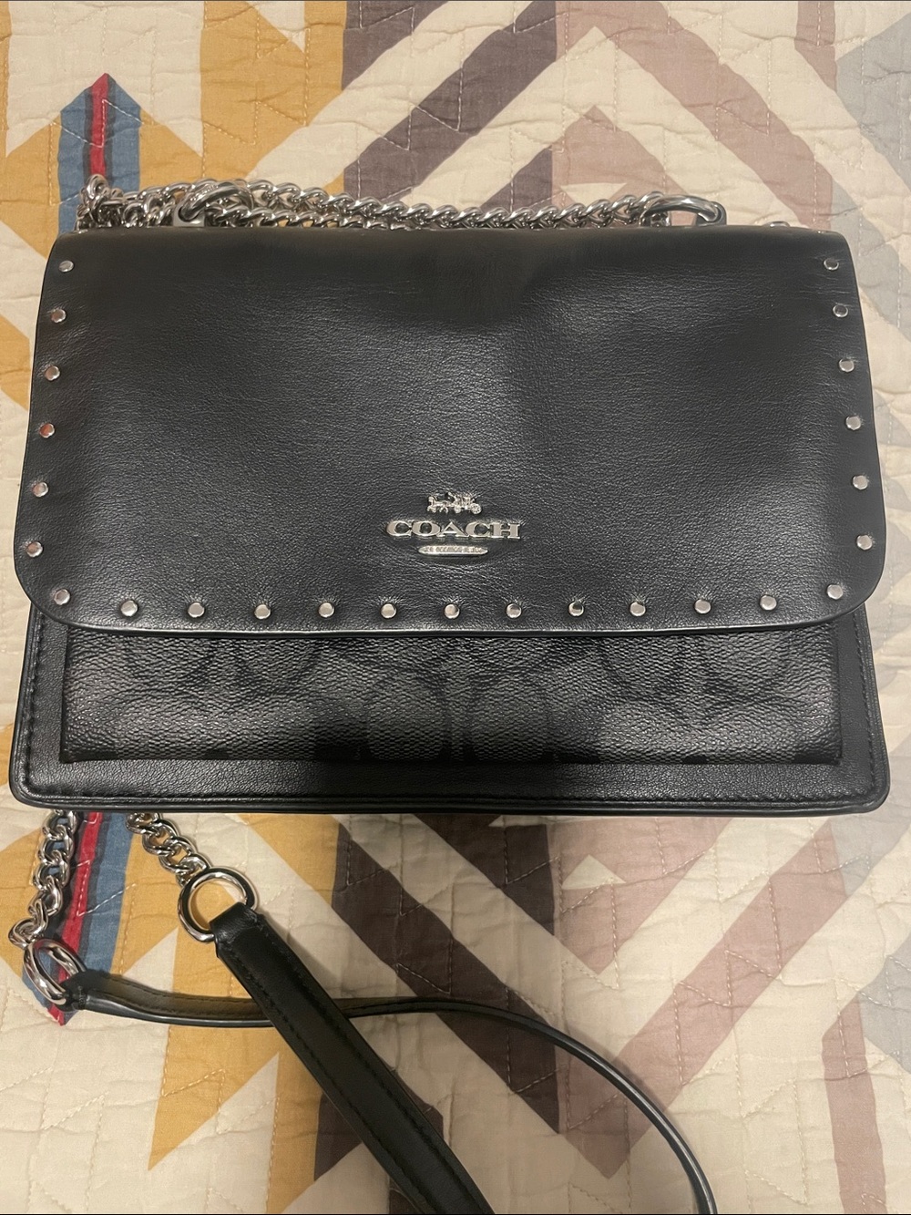 Coach Black Leather Shoulder Bag with Silver Chain and Studs - Picture 8 of 8